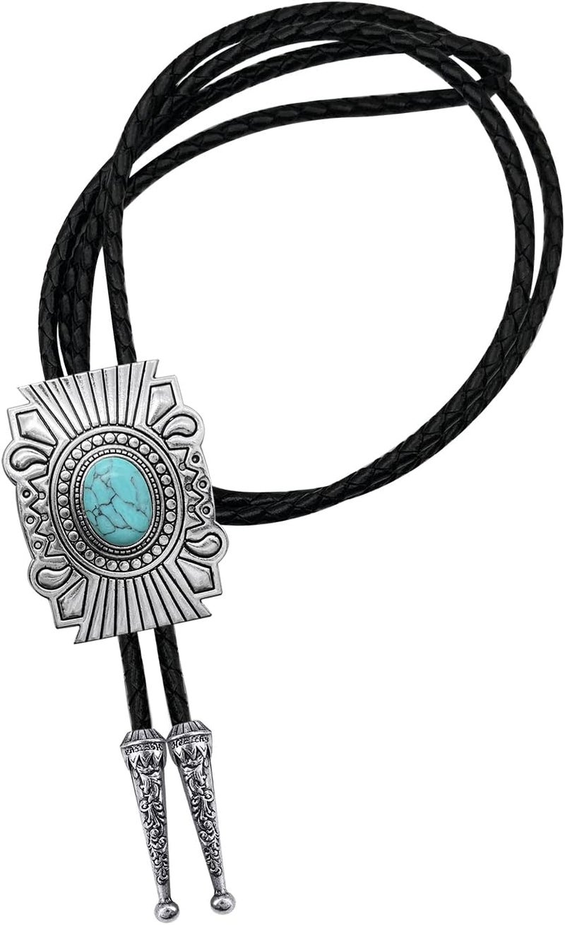 YOQUCOL Vintage American Western Cowboy Indian Art Stone Genunie Leather Bolo Tie For Men Women - Image 1
